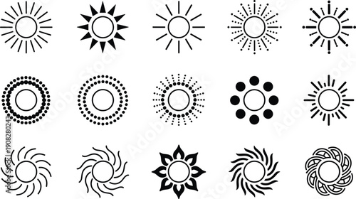 Decorative sunburst ornament icons collection abstract radial sun shapes vector illustration set vintage geometric design elements