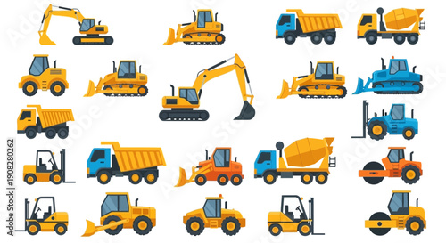Heavy Construction Vehicles and Machinery Seamless Pattern Set