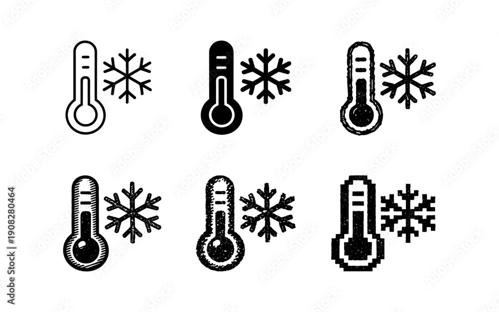 Fototapeta premium Collection of thermometer icons indicating cold temperature and snowflake symbols