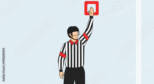 American football referee signaling a penalty with a red flag during a game, isolated on a light blue background.