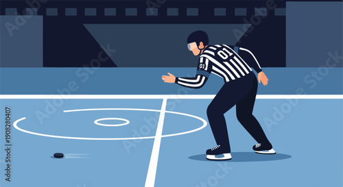 Ice hockey referee in action during a game, blowing a whistle and calling a penalty on the blue ice rink.