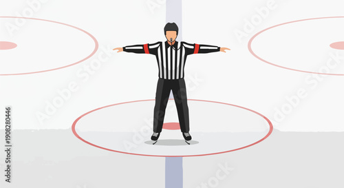 Hockey referee signaling a penalty with arms outstretched on the ice rink, close-up view