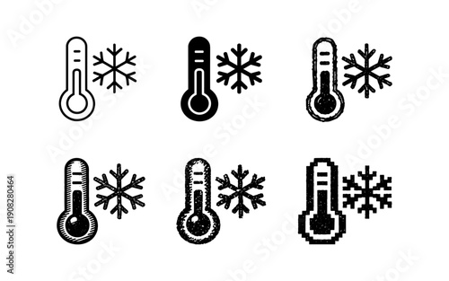 Collection of thermometer icons indicating cold temperature and snowflake symbols