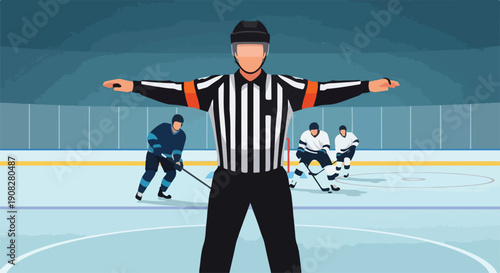 Ice hockey referee signaling a penalty with players on the ice during a game, sports illustration
