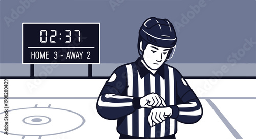 Ice hockey referee checks watch as scoreboard shows 2:37 remaining and home team leads away team 3-2