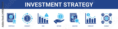 Investment Strategy web banner icon set collection solid style.