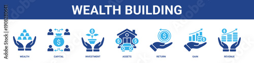 Wealth Building web banner icon set collection solid style.