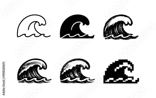 Collection of six stylized wave icons in various artistic styles and resolutions