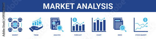 Market Analysis web banner icon set collection solid style.