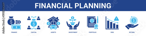 Financial Planning web banner icon set collection solid style.