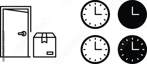 Delivery package at open door and wall clock icons logistics timing service vector illustration set design