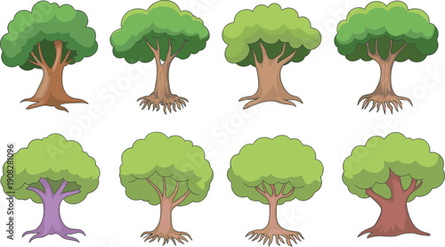 Cartoon tree collection set, green forest trees with roots and trunks, nature landscape design elements, cute vector illustration isolated on white background