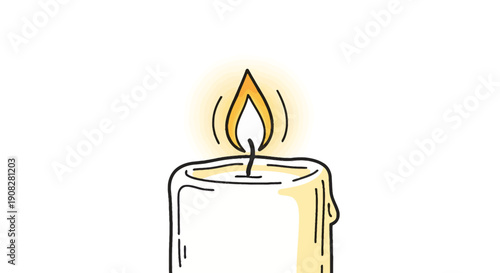 Hand drawn lit candle illustration with flame and melting wax for peaceful moment
