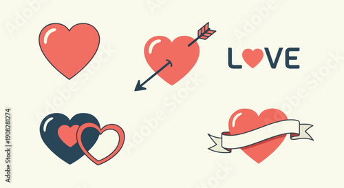 Collection of Valentine's Day themed heart icons including simple heart, heart with arrow, heart with 'love' text, interlocking hearts, and heart with banner
