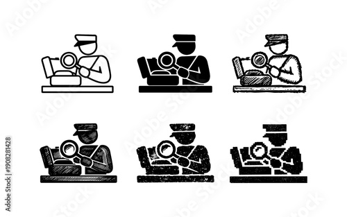 Customs officer inspecting luggage with a magnifying glass at a checkpoint