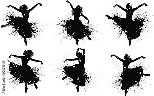 Ballet dancer silhouettes collection, graceful tutu poses, artistic ink splatter effect, elegant movement, black figures, isolated white background illustration