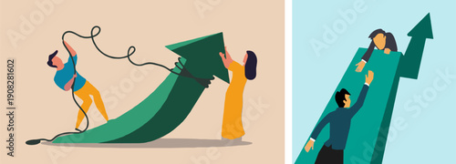 Teamwork concept with people helping each other climb a giant growth arrow, symbolizing support and success