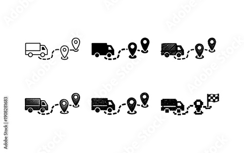 Delivery route icon set with vans and location pins in six black vector and grunge styles