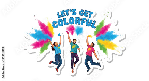 Colorful illustration of three people jumping with paint splashes, 'Let's Get Colorful' text, vector graphic for banner or poster