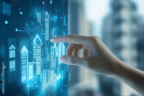 Person touching the real estate growth graph on virtual screen.