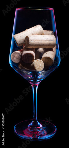 a glass filled with wine corks on a black background