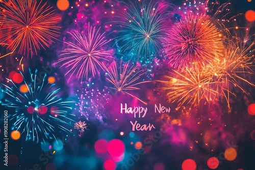 A festive card displaying the words Happy New Year against a colorful background.