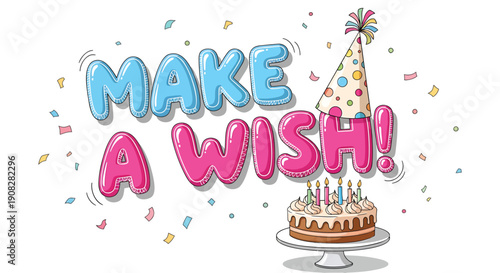 Birthday cake with party hat and 'Make a wish!' text, vector illustration for birthday or celebration banner, greeting card, or social media post Isolated on transparent background, png