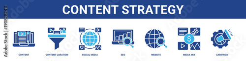 Content Strategy web banner icon set collection solid style.