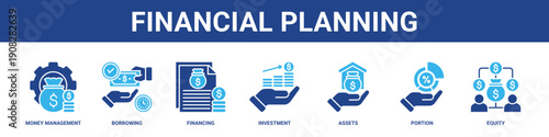 Financial Planning web banner icon set collection solid style.