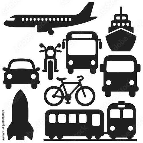 Diverse Transportation: A minimalist collection of transport icons, showcasing a range of vehicles for travel and movement. Perfect for any design or project.
