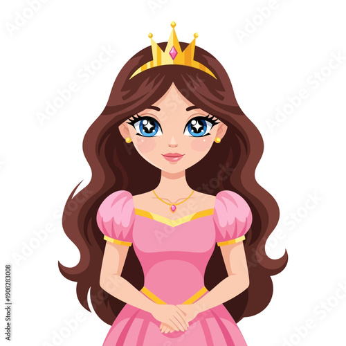 Cute Cartoon Princess with Crown and Pink Dress, Beautiful Girl Illustration