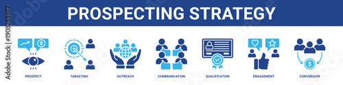 Prospecting Strategy web banner icon set collection solid style.