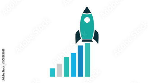 Rocket taking off above ascending bar chart illustrating startup growth trajectory, investor pitch performance metrics and go-to-market scaling strategy