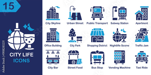 City Life solid icons collection. Containing  building, skyline, street, traffic, apartment, office and more. Solid vector icons collection. Vector Illustration.