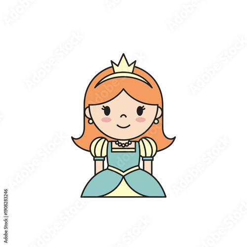 Cute Cartoon Princess with Crown and Blue Dress