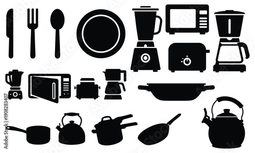 Kitchen Utensils Silhouettes: A collection of various kitchen utensils and appliances, rendered in striking silhouettes, perfect for illustrating culinary concepts.