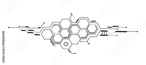 Futuristic connected black circuit hexagon on a white background. Futuristic tech design elements. Infographic UI elements for a technology concept. Cyber hi-tech pattern. Vector illustration.