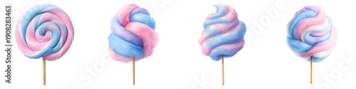 Set of watercolor cotton candy lollipops isolated on transparent background