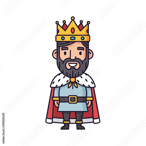 Cartoon King Character Wearing Crown and Royal Cape - Vector Illustration