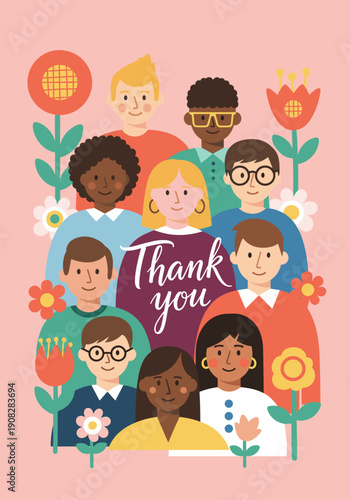 Diverse group of people smiling together with flowers and "Thank you" text, suitable for thanking clients, business groups, employees
