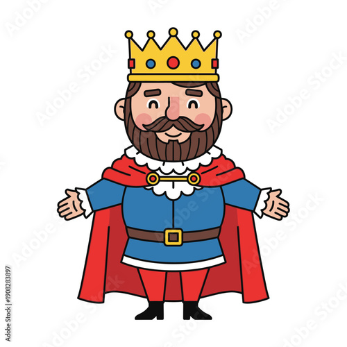 Cartoon King with Crown and Red Cape, Welcoming Gesture