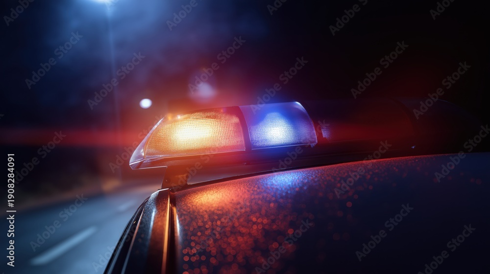 Obraz premium Police car with flashing lights at night on deserted road 