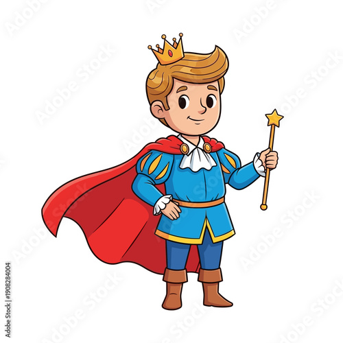 Cute cartoon prince in blue royal outfit with red cape and crown, holding magic wand