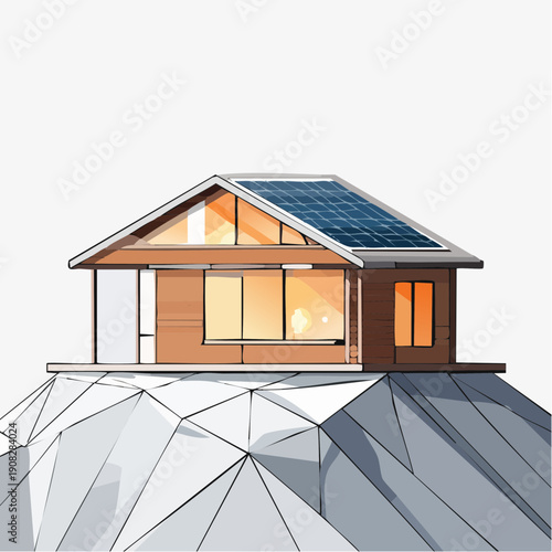 Modern Eco-Friendly House with Solar Panels Perched on a Rocky Hilltop