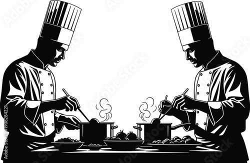 Chef silhouettes cooking food, professional kitchen activity, stirring pots steam, culinary preparation, black figures, white background illustration