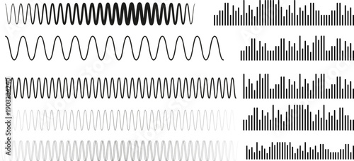 Minimalist black and white sine wave soundwave pattern with abstract digital and analog waveform design. geometric shapes, ripple effects and equalizer icons for music design.