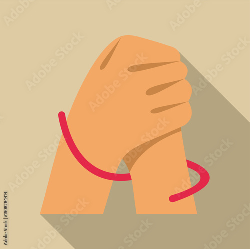 Two hands holding each other with a red string wrapping around, symbolizing connection and destiny