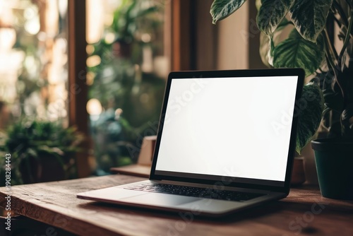 Close-up of a blank white screen on a laptop on a desk.