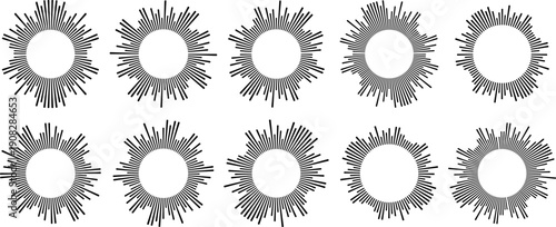 adial burst patterns with horizontal waveform lines and concentric rings. Abstract audio frequency graphics - geometric shapes, ripple effects and equalizer icons for music design on white.