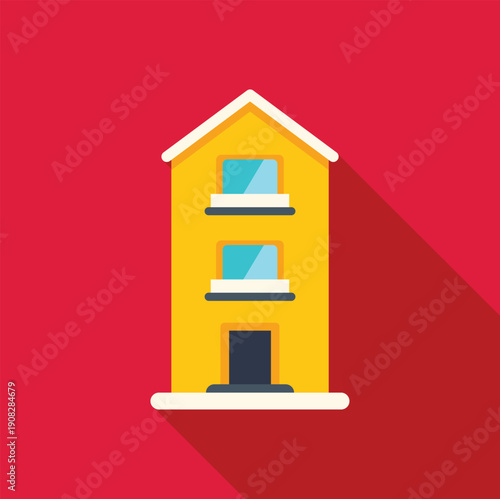 Yellow house building with windows and a door showing flat design